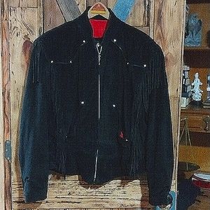 Harley Davidson, jacket, suede, black, large, fringe, Women, Vintage, Silver,Red